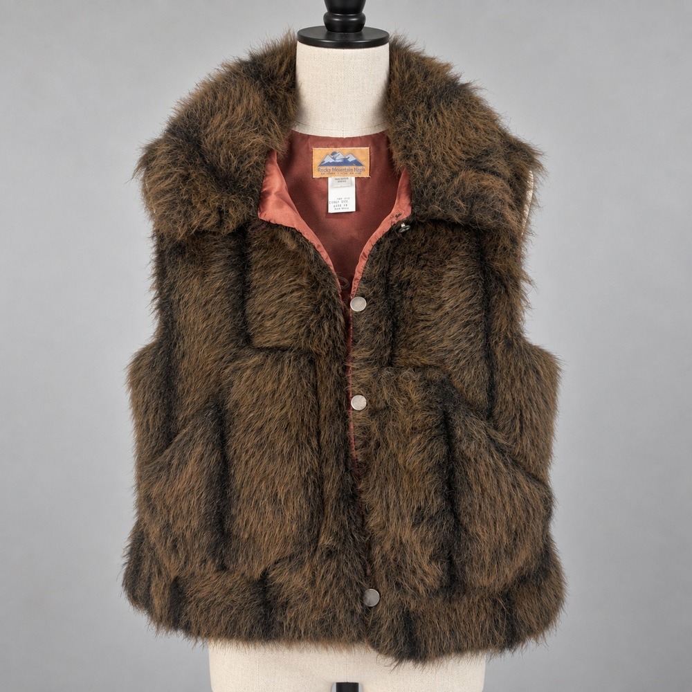 Vintage Rocky Mountain Jeans Faux Fur Vest Brown Shaggy Made in USA Size 11